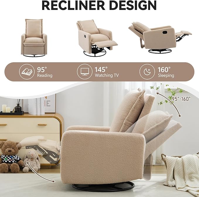 Glider Recliner Nursery Chair with Comfy Cushion Rocker Swivel Recliner Chairs for Small Spaces Swivel Rocking Recliner Chairs for Adults Lazy Boy Recliner Chair for BedroomBoucle(Oatmeal)