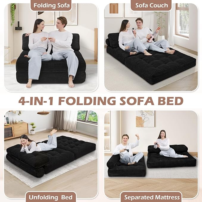 Folding Sofa Bed Convertible Sleeper Chair with Pillow &amp Handle Foldable Mattress Futon Chair Bed Lounge with Back Support Comfy Floor Sofa for Living Room Bedroom Black Full