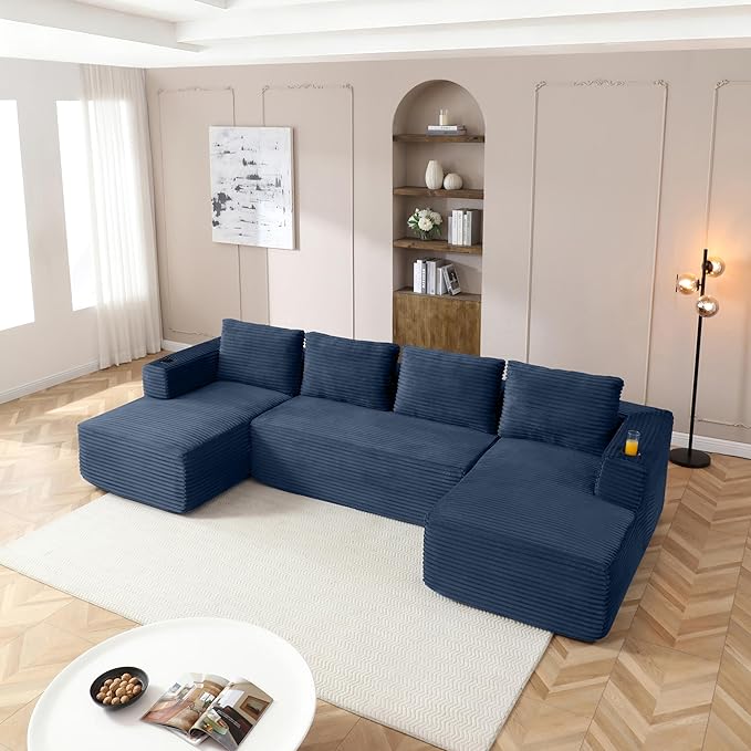 132-Inch U-Shaped Cloud Sectional Couch Symmetrical Modular Compressed Boneless Sectional Sofa with Chaise Lounges Plush Corduroy Boneless Corner Sofa W/Cupholders