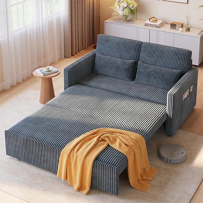 Ahomly 77.2'' Extended Pull Out Sofa Bed 3-in-1 Convertible Loveseat Sleeper Couch Bed Corduroy Sofa for Living Room Bedroom Apartment Dark Grey