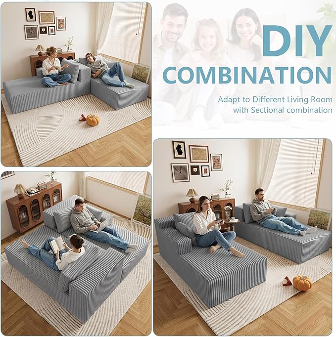 71Oversized Chaise Lounge ChairSectional Double Lounge Chaise with PillowsUpholstered Corduroy Boneless Lounge ChairFluffy Modern Loveseat Sleeper Sofa for Living Room &ampBedroom(Light Grey)