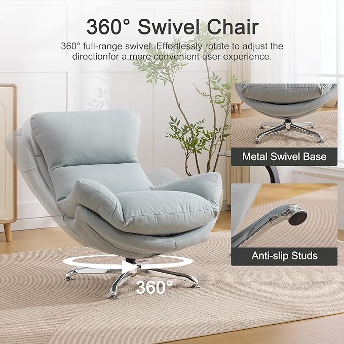 360° Swivel Oversized Accent Chairs Set of 2 Fabric Upholstered High Back &amp Thick Cushion Ergonomic Comfy Reading Lounge Sleeper Chair with Sturdy Metal Base for Living Room Bedroom Blue