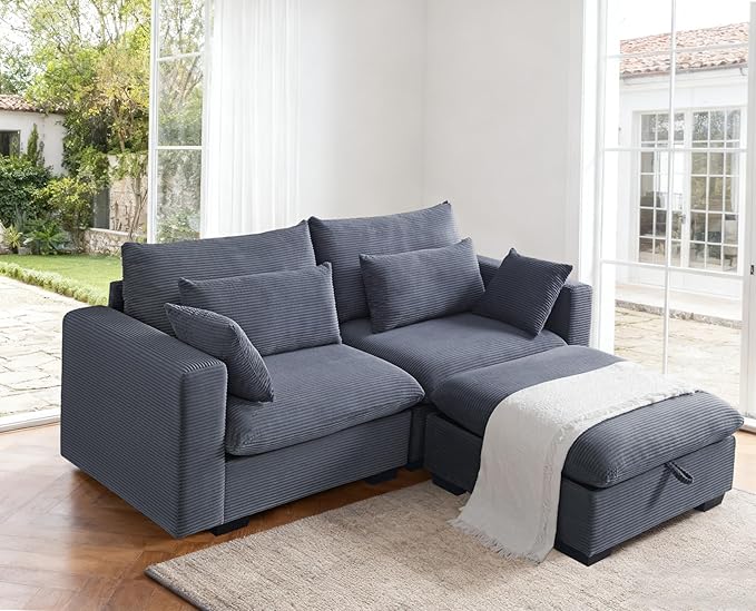 87 Modular Sectional Loveseat Sofa with Storage Ottoman Corduroy 2-3 Seater Couch for Small Spaces Oversized Love Seat Couches for Living Room Bedroom Home Office Sofa with Deep Seats (Dark Grey)