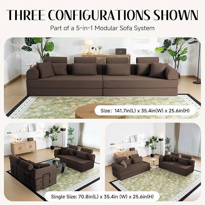 106 L-Shaped Modular Boneless Couch 2-Piece System (2×70.87) Convertible Sectional to 141.7 Straight Sofa Corduroy Couch in a Box Headrest &amp Back Pillows for Living RoomBrown