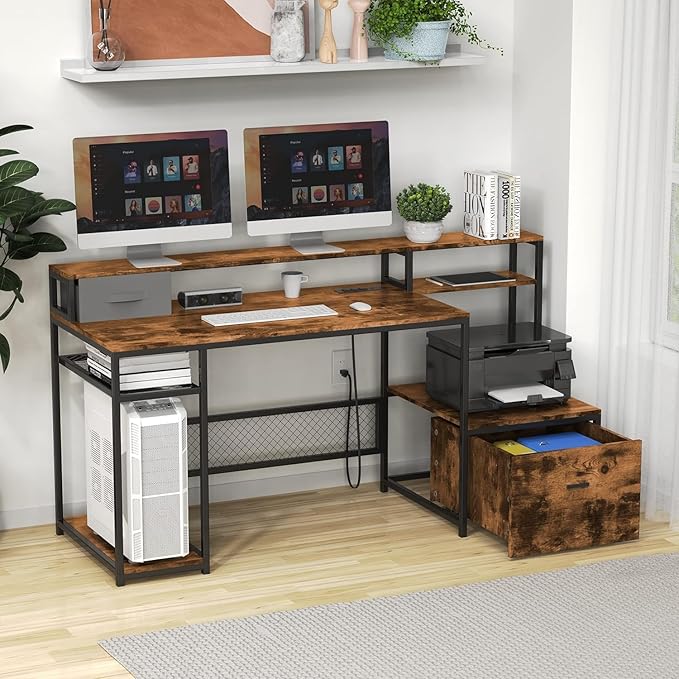 Home Office Desks with Drawers 66'' Computer Desk with Storage Office Desk with Monitor Stand Work Desk with Outlets and USB Gaming Table Desk with File Cabinet for Home Office Table Brown