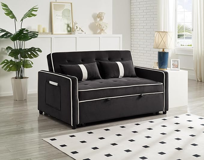 3 in 1 Convertible Sleeper Sofa Bed Small Couch for Living Room Bedroom with Pullout Bed Adjustable BackrestVelvetLoveseat Sofa BedFuton Couches (Black)