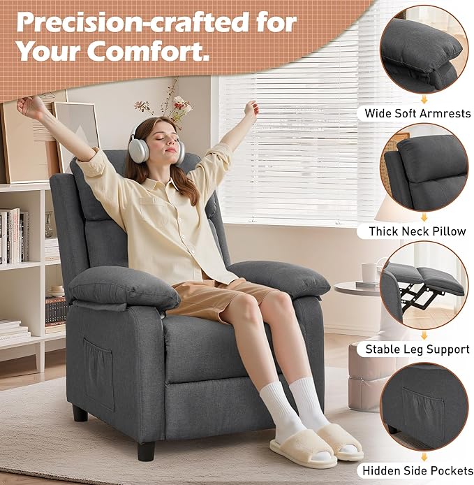 Recliner Chair Living Room Chairs for Adults Padded Deep Seat Reading Chair with Side Pockets Small Recliners for Small Spaces Lounge Chair for Living Room Bedroom and RV (Linen)
