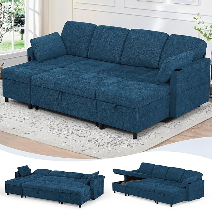 110 Sectional Pull Out Sofa Bed with Adjustable Backrests U-Shaped Sleeper Sofa with USB Ports Upholstered Reversible Couch with Cup Holder &amp Storage Space for Living Room House Blue