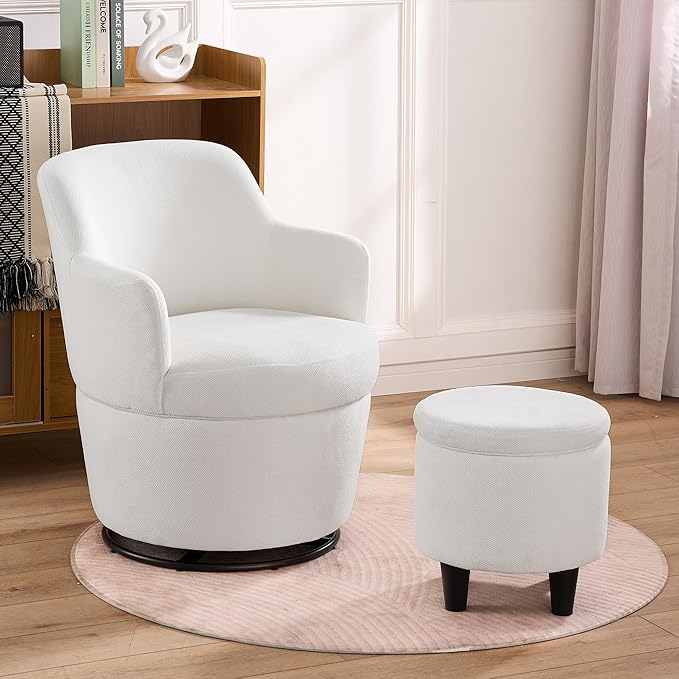 Swivel Accent Chair with Ottoman Fabric Small Barrel Chair with Footstool Modern Round Bedroom Chair for Living Room Beige