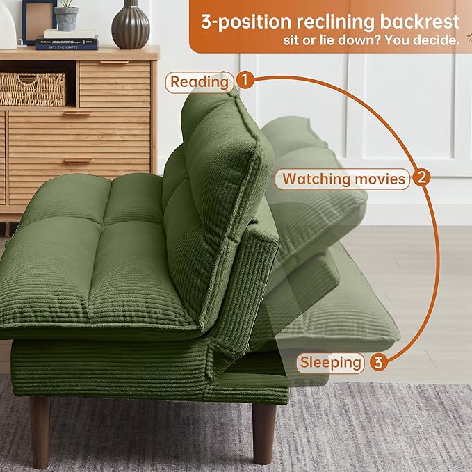 72 Convertible Futon Sofa Bed Loveseat Sofa Corduroy Folding Futon Set with Adjustable Backrest &ampArmrests Recliner Lounge for Living Room Apartment or Office Solid Wood Frame Green