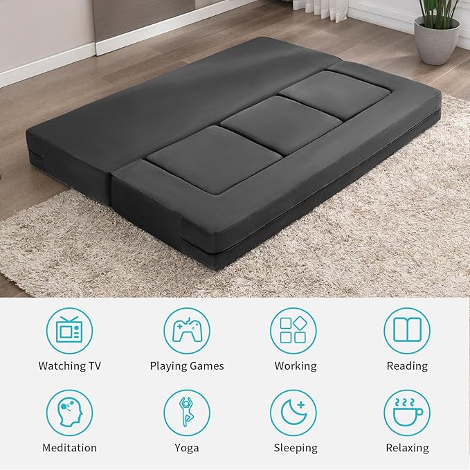 CECER 80 Convertible Floor Sofa BedFolding Sofa Bed with 3 OttomansVelvet Modular Sectional Futon SleeperFoldable Memory Foam Couch for Living Room/Guest Room/Playroom（Dark Grey）