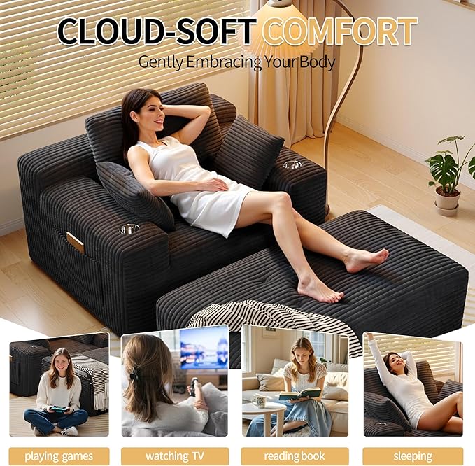 MoonSpeak 67 Boneless Reading Chair with Lounges Chaise Indoor Corduroy Cloud Couch with 1 Ottoman Upholstered Sleeper Sofa Bed with Wide Armrest and 3 Pillows for Living RoomReading Room(Black)