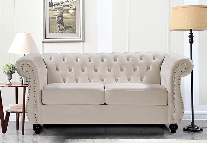 Feinstein Modern Velvet Chesterfield Couches for Living Room with Nailheads Diamond Tufting &amp Durable Metal Frame Loveseat Ivory