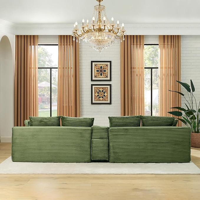 U-Shaped Cloud Sectional Couch Symmetrical Modular Compressed Boneless Sectional Sofa with Chaise Lounges and Console Plush Corduroy Boneless Corner Sofa for Living Room