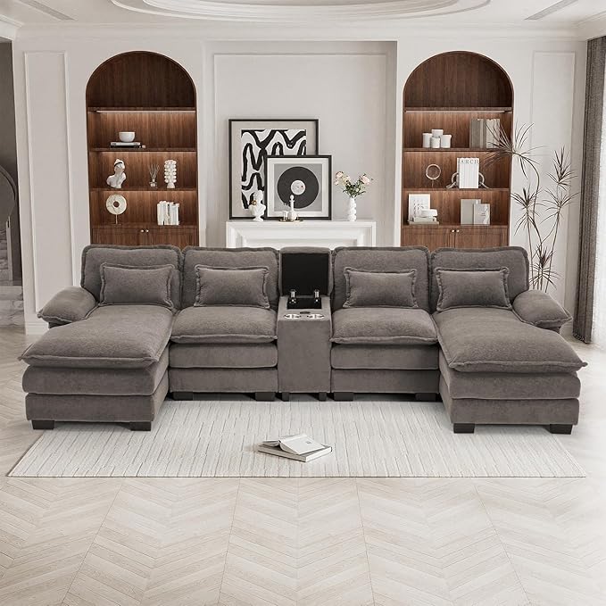 133 Oversized U Shaped Cloud Couch Modular Sectional Couches for Living Room Comfy Chenille Deep Seat Sofa Set with Double Chaise Lounge Storage Central Console Cup Holders USB Port Stone Grey
