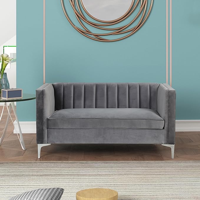 Morden Fort Velvet Loveseat Sofa 55 Modern Soft Loveseat Easy to Clean and Install Furniture Small Loveseat for Living Room Lounge Office to Read and Relax Grey