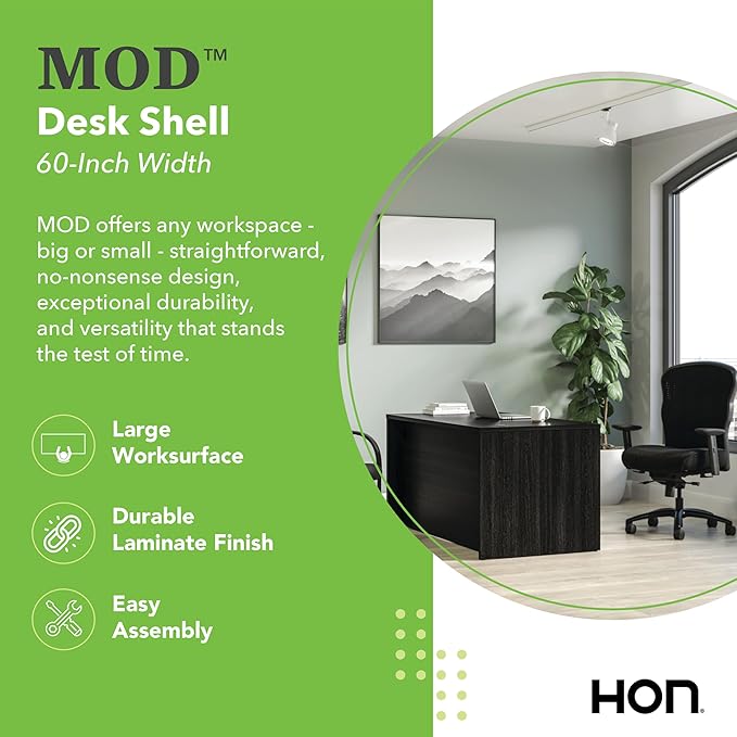 HON MOD Executive Desk 60-Inch Large Computer Desk Shell Thick Wooden Laminate Modern Table with Cord Management 60 W x 30 D x 29 H Java Oak