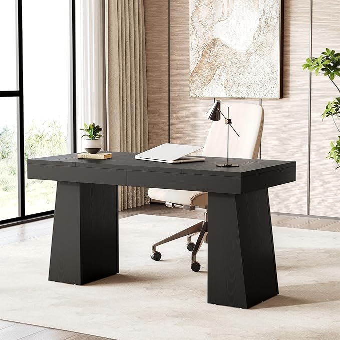1Easylife 55 Inches Long Computer Desk Large Wooden Home Office Desk with Heavy Duty Pedestal Modern Simple Style Study Writing Desk for Home Office Black