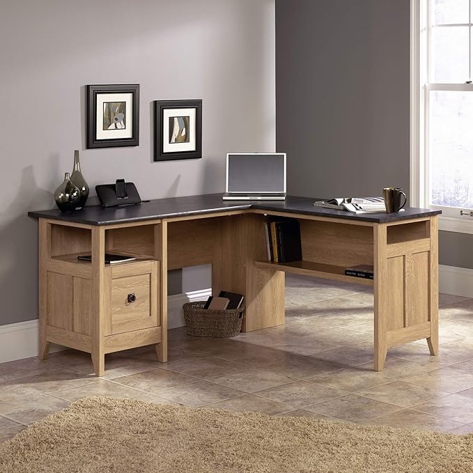 Sauder August Hill L-Shaped Corner Desk with Storage Drawer and Open Shelf for Home Office in Dover Oak finish