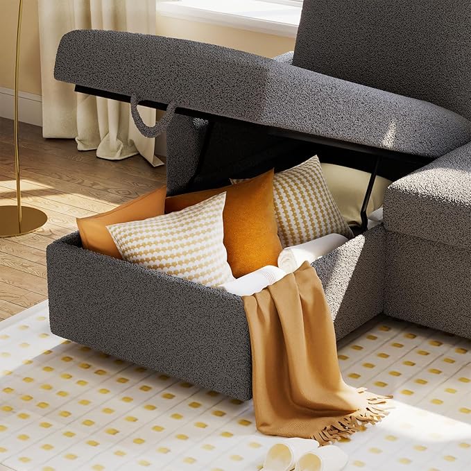 VanAcc Sofa Bed Sleeper Sofa with Storage Chaise- 2 in 1 Pull Out Couch Living Room Comfy Sleeper Couch Grey Boucle