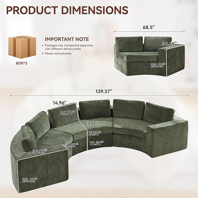 139'' Curved Round Boneless Couch Oversized Cloud Sofa with Deep Seat &amp Arms Chenille Modular Sectional Sofa with Pillows Upholstered Comfy 6 Seat Couch for Living Room Green