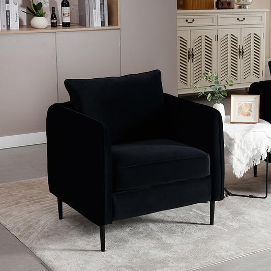 Mid-Century Modern Velvet Accent Chair - Plush Upholstered Armchair with Metal Legs 300lb Capacity Comfy Reading Chair for Living Room Bedroom or Office (Black)