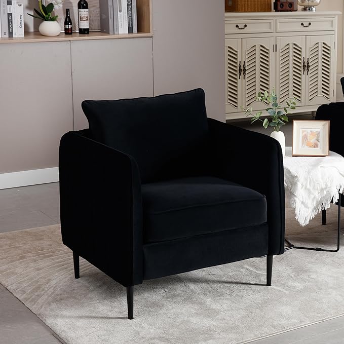 Modern Velvet Accent Chair Single Sofa Chairs Armchair with Square Arm Upholstered Accent Chairs for Living Room Bedroom Apartment (Black Chair)