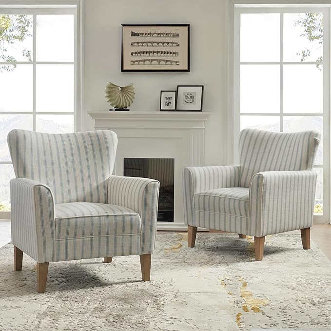 HULALA HOME Farmhouse Wingback Accent Chair Upholstered Striped Armchair with Solid Wood Legs Thick Seat Cushion for Living Room or Bedroom Blue