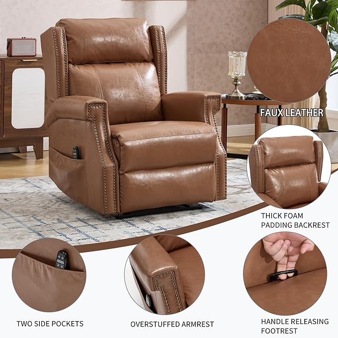 KEIKI Oversized Recliner Chair Manual Leather Recliner Chair with 8 Vibration Back Massager and Heating for Living Room Fiber Foam Moderen Rocking Lounge Reading Chair Camel