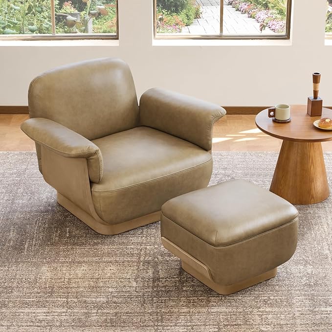 CHITA Genuine Leather Swivel Chair with Storage Ottoman Modern Living Room Accent Chair with Lounge Seat for Bedroom Office Mocha
