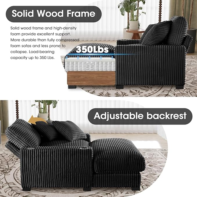 41 Chaise Lounge Indoor Comfy Reading Chair with 2 PillowsUSB Charger Cup Holder Adjustable Backrest Corduroy Sofa Bed Lazy Chair Sleeper Couch Small Couch for Apartment Black