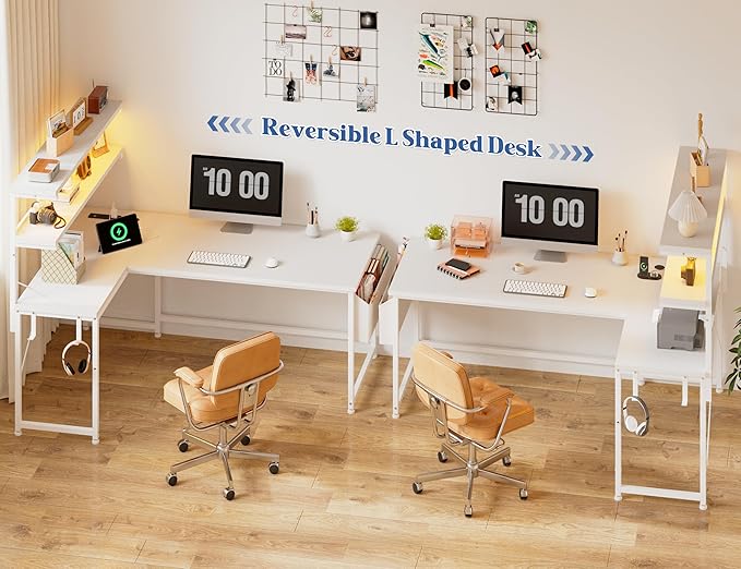 L Shaped Desk Computer Desk with LED Light &amp Power Outlet 53 Inch Reversible L Shaped Gaming Desk with Shelf &amp Storage Bag &amp Hook for Home Office White