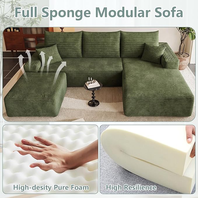Modular Sectional Sofa Cloud Sectional Couch 95 Comfy Fluffy U-Shaped Couches for Living Room Deep Seat Memory Foam Plush Corduroy Boneless Couch Sectionals No Assembly (GreenRight-Facing Chaise)