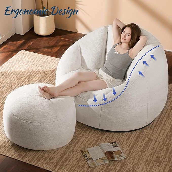 Oversized Fluffy Swivel Accent Chair with Ottoman 360 Degree Rotating Barrel Lounger Set Modern Cozy Reading Nook Chair with Footrest Plush Faux Fur Fabric &amp High-Density Memory Foam Beige
