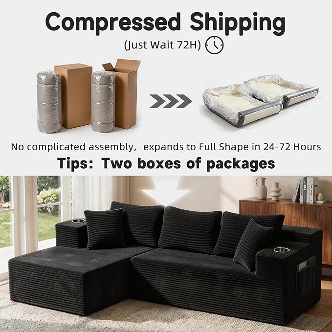 Bashaw 108 Modular Sectional Sofa Couches with Chaise L-Shape Boneless Couch Deep Seat Upholstered Boneless Sectional Couch for Living Room (Black 108 Left Facing Chaise) | Sectional Boneless L-
