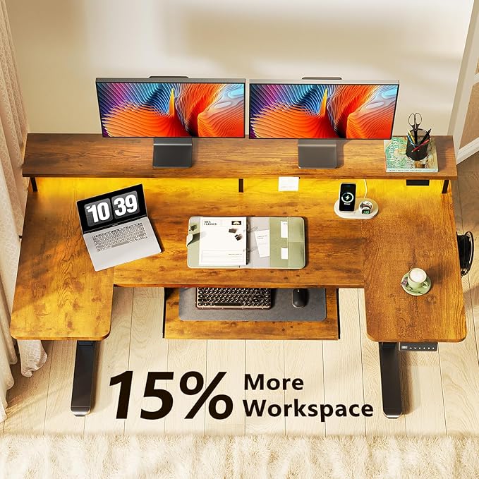 OffiGo U Shaped Electric Standing Desk with Keyboard Tray 55 Inch Height Adjustable Desk with Power Outlets &amp LED Lights Sit Stand Table with Monitor Stand for Home Office Rustic Brown