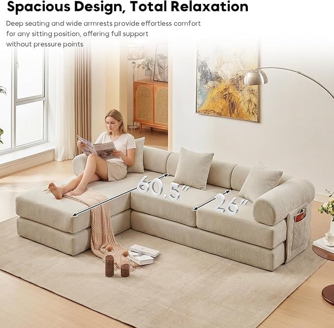 L Shaped Modular Sofa Bed with Cylindrical Pillow &amp Reversible Chaise Corduroy Folding Floor Convertible Sofa Couch Bed with Fixed-Shape Frame &amp Storage Pocket for Living Room Beige