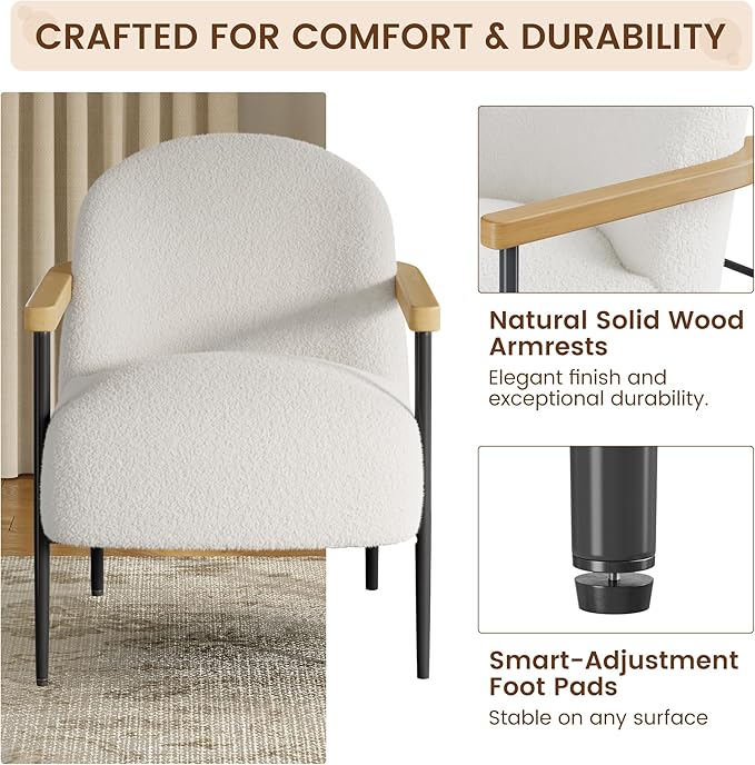 IDEALHOUSE Comfy Chair Set of 2 Modern Accent Chair with Teddy Fabric Wood Arms Metal Frame and Adjustable Feet Mid Century Modern Chair for Living RoomBedroom Office White