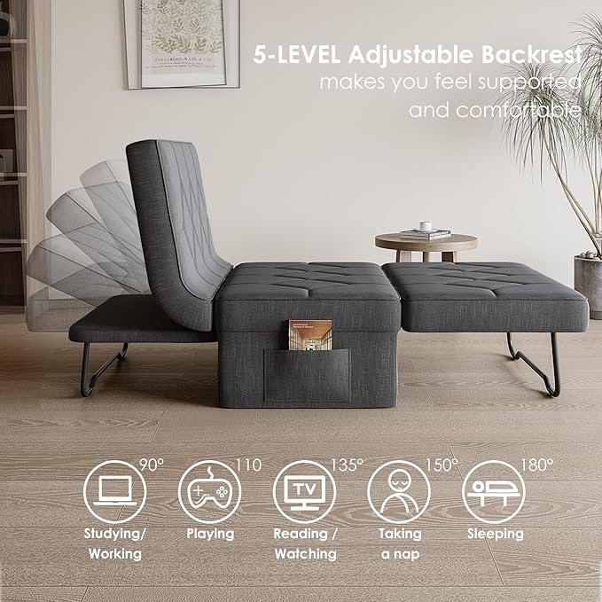 Convertible Sofa Bed with 5-Level Adjustable Backrest 70 D x 34 W 4-in-1 Folding Ottoman Sleeper Chair Bed Modern Single Futon Couch for Living Room Apartment Dorm Small Space Dark Grey