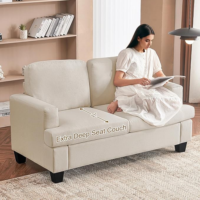 Furnimart 85 inch Deep Seat Sofa Modern 3 Seater Couch Beige Linen Sofa Comfy Cloud Couch for Living Room Cozy Fluffy Sofas with Removable Sofa Cover Small Couches for Small Spaces