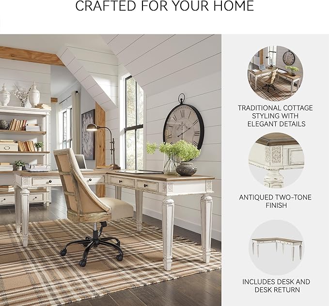 Signature Design by Ashley Realyn Cottage L-Shaped Distressed 2-Piece Home Office Desk with Power Supply and USB Ports White &amp Light Brown