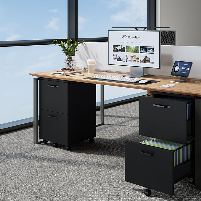 Sweetcrispy 2 Drawer Filing Cabinet Black Rolling Wood File Cabinets with Printer Stand Under Desk Storage Lockable Wheels Home Office Organizer