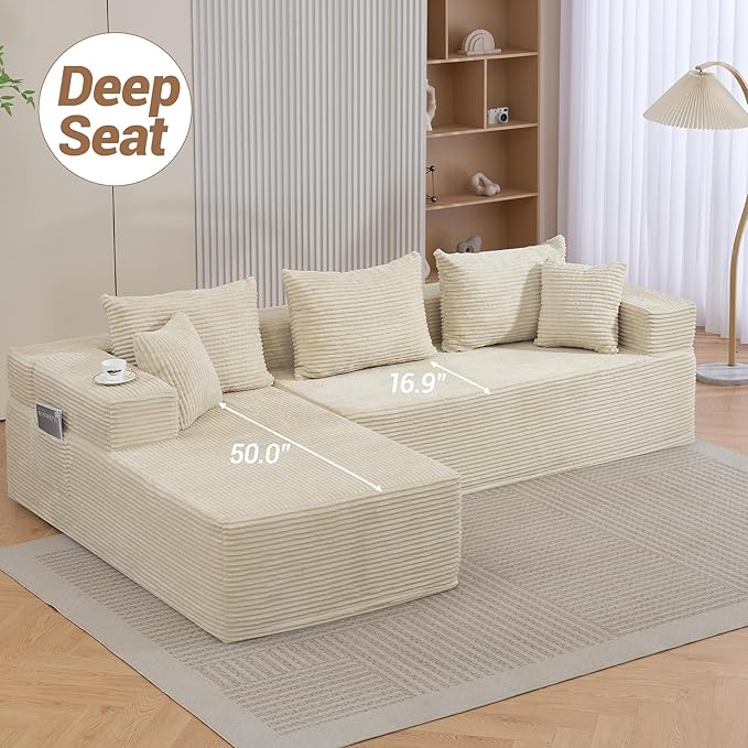 105'' Cloud Sectional Couch Modular L-Shaped Boneless Sectional Sofa Corduroy Deep Seat Couch Small Space Sofas for Living Room Bedroom Apartment No Assembly Beige