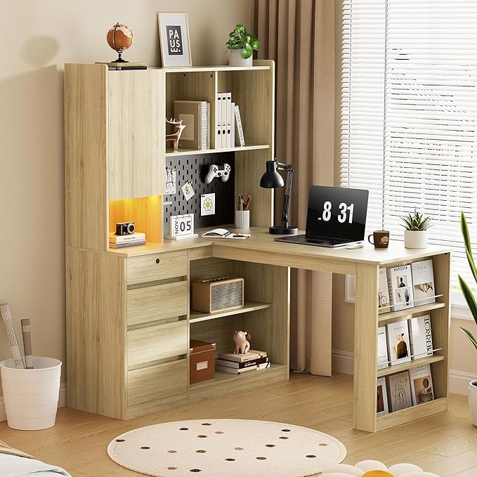 L Shaped Desk with Hutch Wooden Home Office Desk with 4 Drawers Storage Cabinet Charging Station Corner Writing Computer Desk(Right Side Desk Wood)