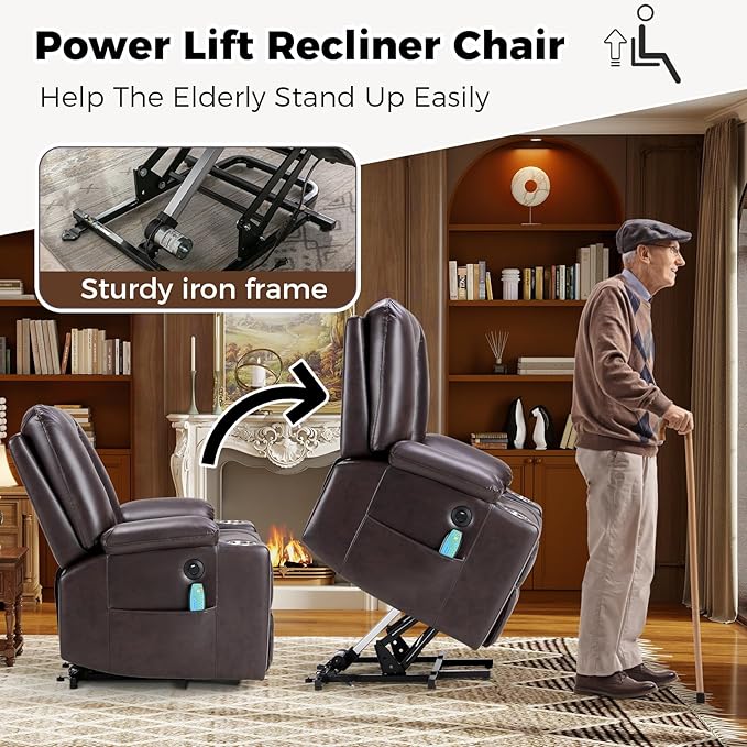Power Lift Recliners with Massage and Heat for Elderly Electric Lifting Recliner Chair with Cup Holders &amp USB Port Faux Leather Reclining Sofa with Side Pocket for Living Room Brown