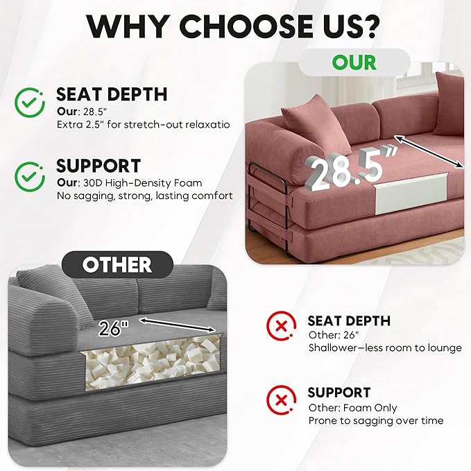 78.5 Inch Convertible Sleeper Sofa Bed 5 in-1 Boneless Floor Couch Bed with Fixed-Shape Frame Modular Futon Couch for Living Room Apartments RV Studio Bedroom Small Spaces Pink