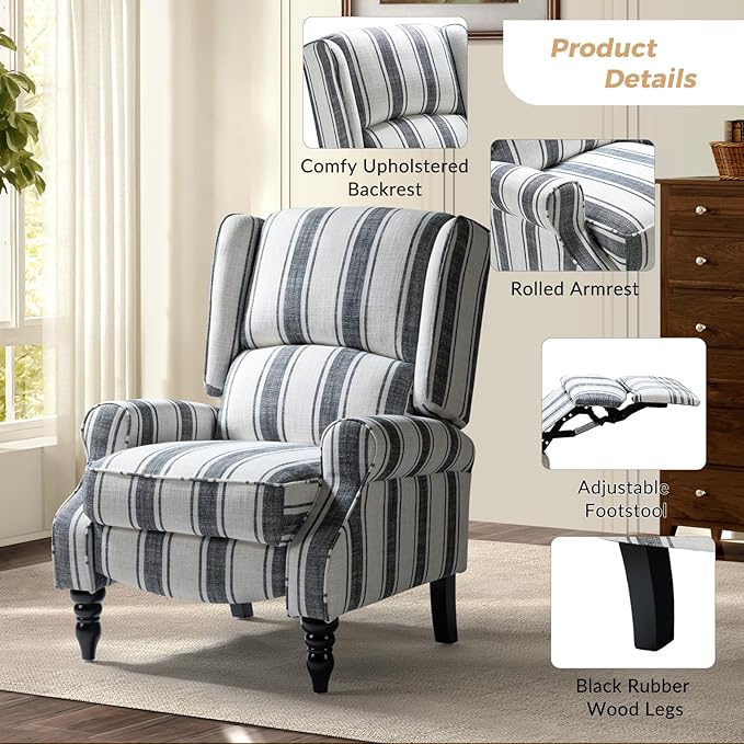 HULALA HOME Upholstered Wingback Recliner Chair Small Adjustable Footrest Push Back Single Reclining Sofa Mid Century Modern Lounge Armchair for Living Room Bedroom Reading/Stripe Black