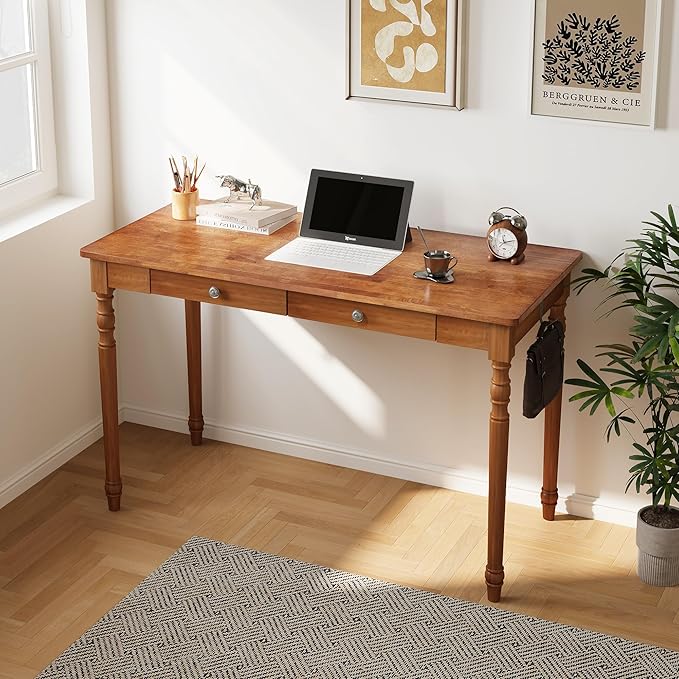 Vintage Solid Wood Writing Desk - 47.2 Mid Century Modern Desk with 2 Drawers Wooden Computer Desks for Home Office Large Secretary Desks Traditional Vanity Dressing Table for Bedroom Walnut