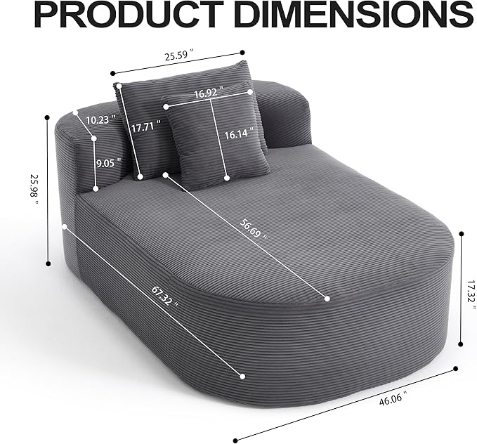 46 Chaise Lounge Chair Indoor Cloud Sleeper Sofa Bed with Pillows Corduroy Upholstered Sofa Couch for Living Room Apart No Assembly Required Gray
