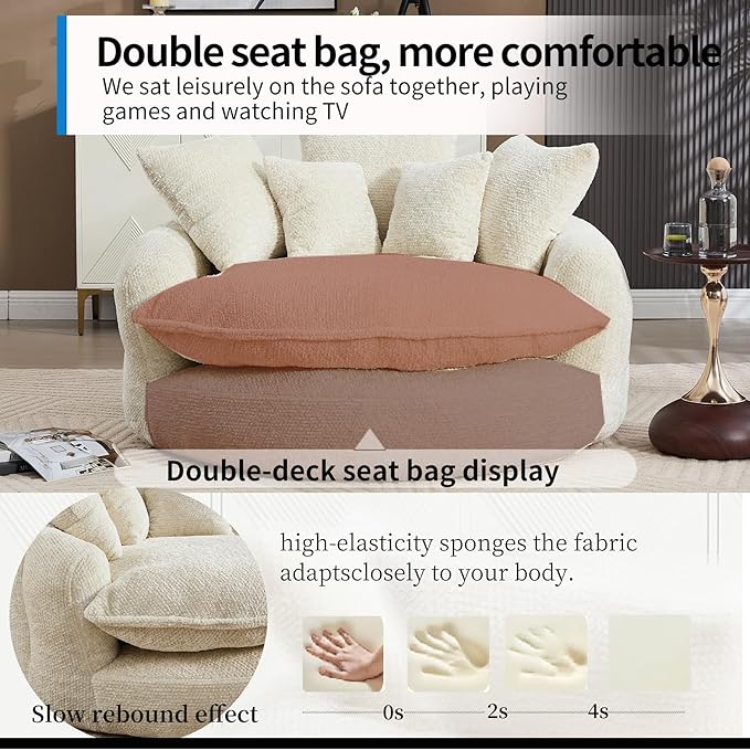 55 inch Oversized Round Chair Fluffy Chenille Boneless Sofa with Extra Deep Seat for Living Room Lounge (Beige)